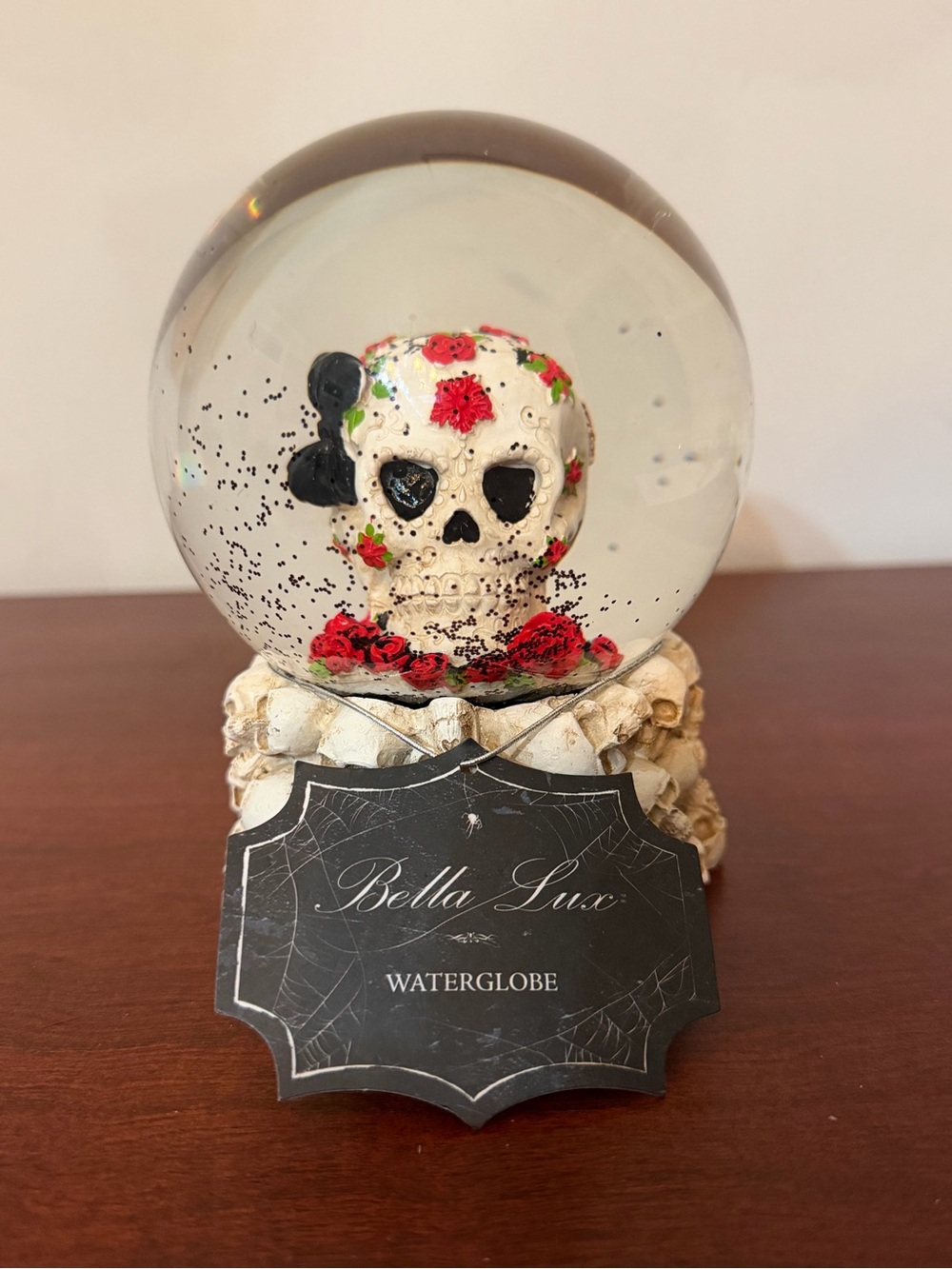 Bella Lux Halloween Sugar Skull Snow Globe Day of the Dead Floral Decor